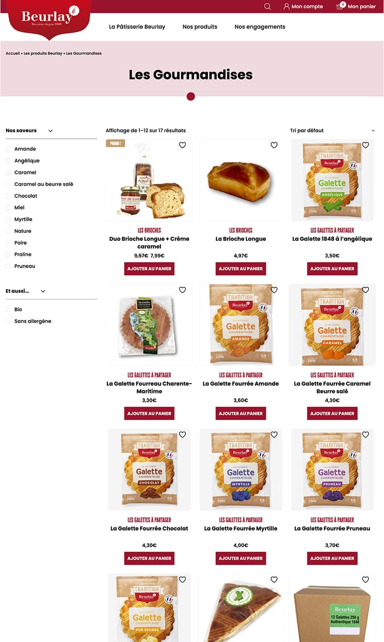 La liste des produits de la boutique Beurlay.