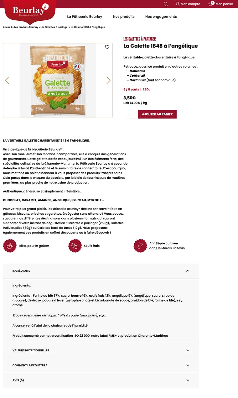 La fiche de la galette 1848 à l'angélique : formats, prix au kilo, ajout au panier, puis la description, les ingrédients et les valeurs nutritionnelles en accordéons.