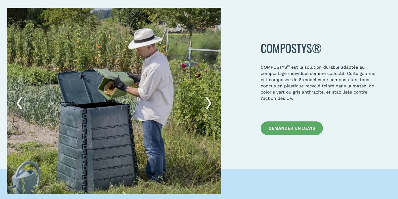 La fiche Compostys réalisée pour Quadria : le composteur dans un jardin, sa présentation et la demande de devis.