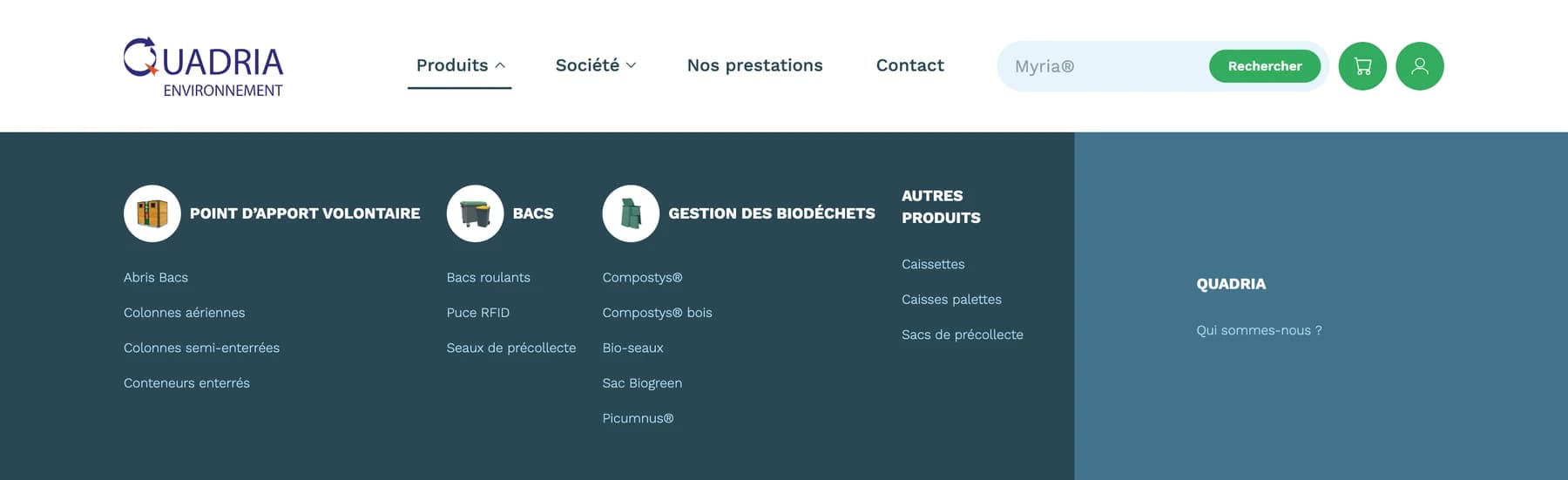 Le menu Produits de Quadria déployé sur ordinateur, avec ses groupes de produits, ses visuels et ses liens organisés en colonnes.