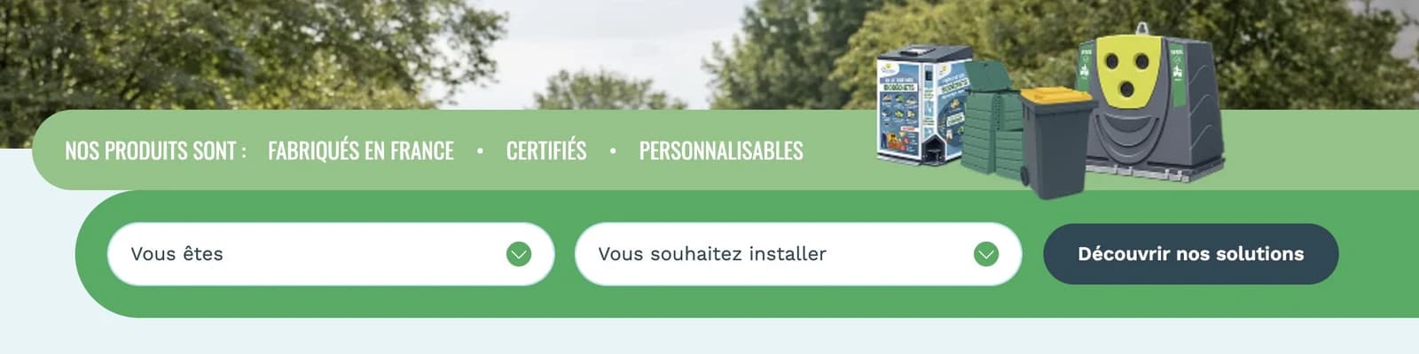 Le sélecteur de l’accueil Quadria avec les champs Vous êtes et Vous souhaitez installer, suivis du bouton Découvrir nos solutions.