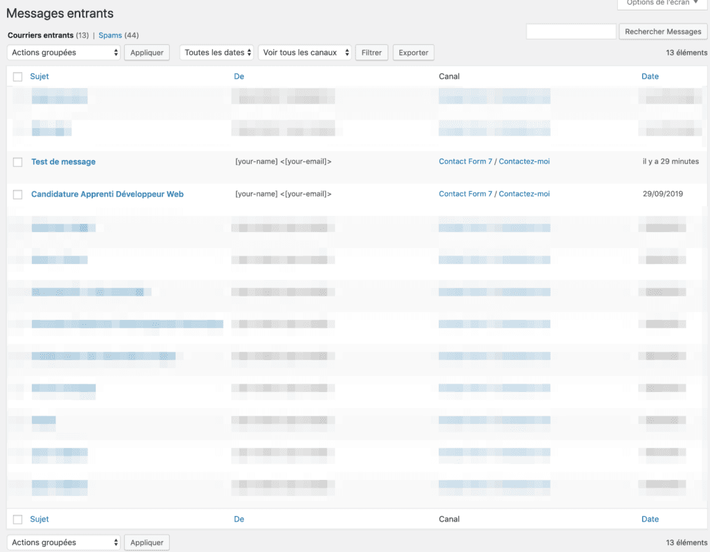 Liste des messages entrant Flamingo
