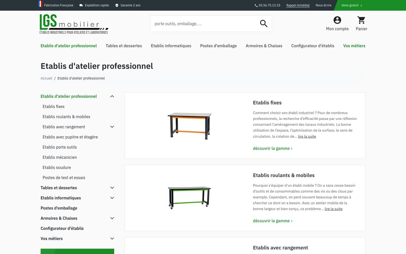 La page Établis d'atelier professionnel sur lgs-mobilier.fr : menu latéral des catégories à gauche, sous-catégories en vignettes avec texte et lien « découvrir la gamme » à droite.
