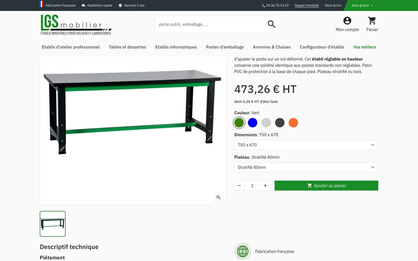 Fiche d'un établi d'atelier à hauteur réglable : prix de 473,26 € HT dont 6,26 € HT d'écotaxe, choix de la couleur parmi cinq RAL, de la dimension et du plateau.
