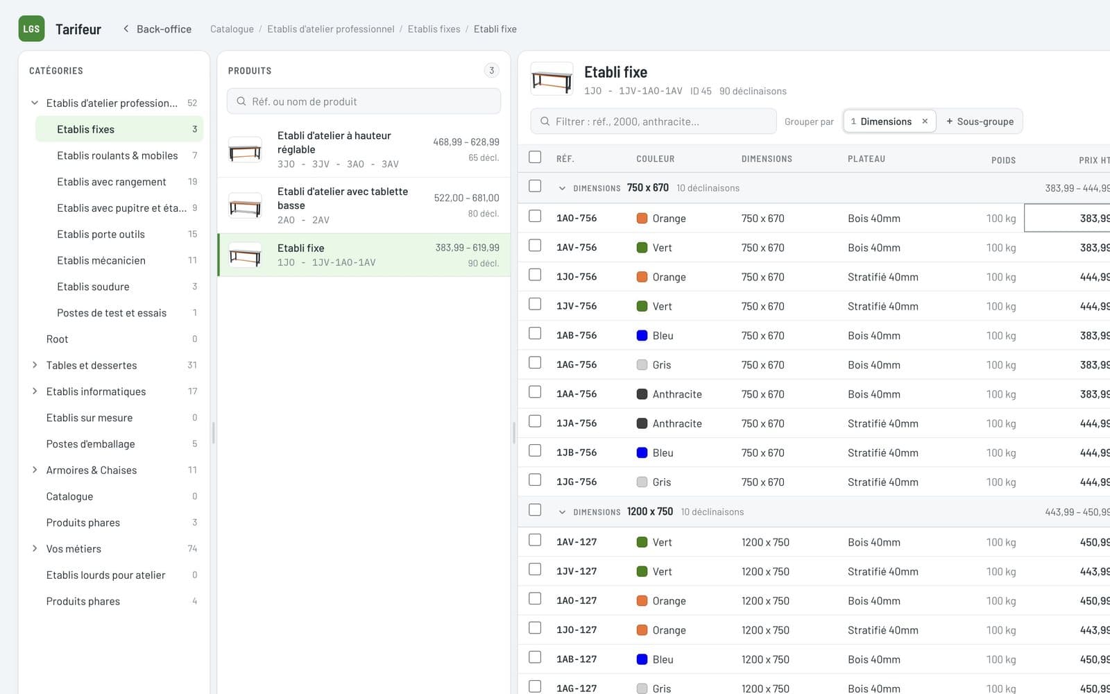 Le Tarifeur dans le back-office Prestashop 9 : catégories, produits, et la grille des déclinaisons d’un établi groupées par dimension avec prix HT et écotaxe.