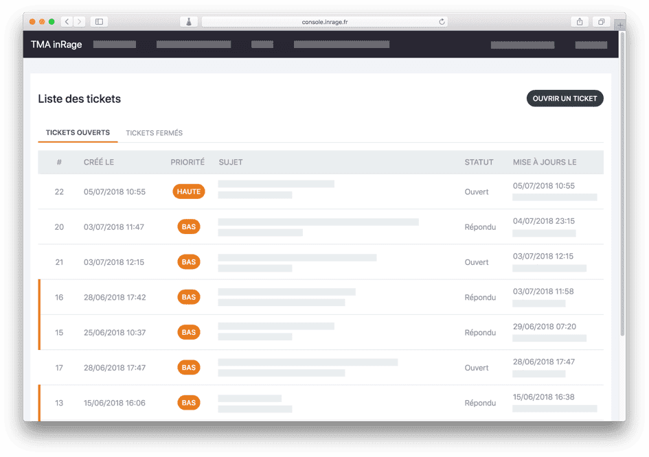 La console de maintenance inRage : liste des demandes, factures et suivi des interventions